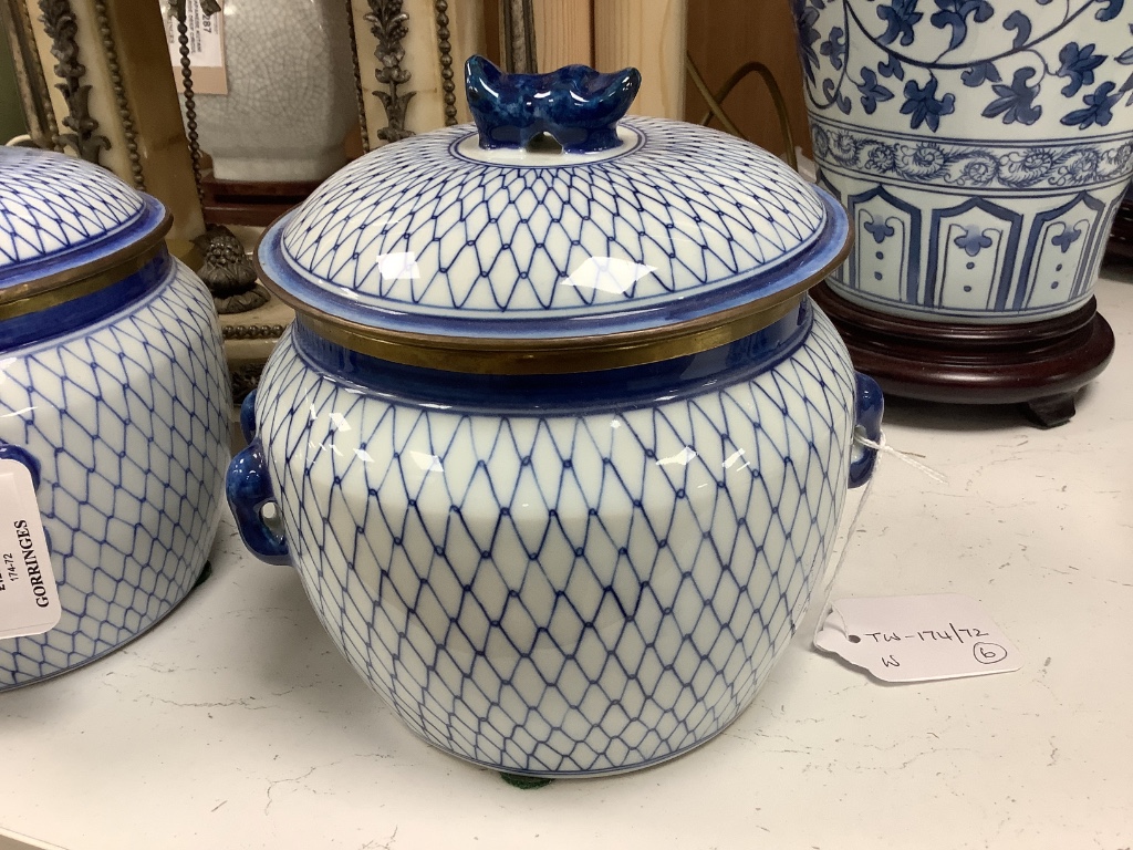 Two Chinese porcelain blue and white lamps, a similar jardinière, two bowls and covers and a hexagonal box and cover